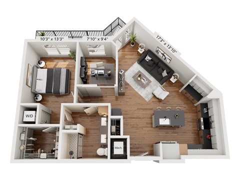 Floor plan for 1 bed, 1 bath, 935 sqft